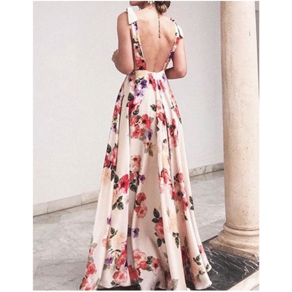 Floral Print Shoulder Tie backless Bridal Wedding Summer Maxi Dress - Picture 4 of 11